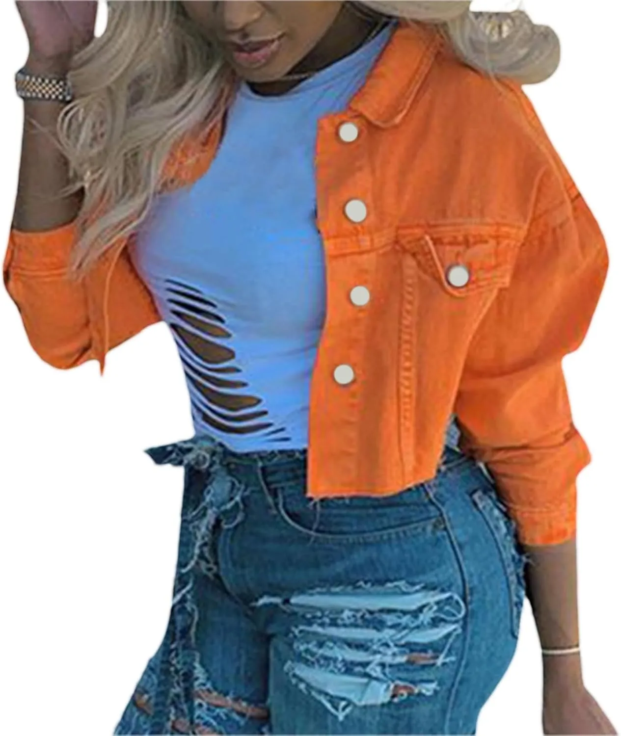 Women's Denim Short Long Sleeve Lapel Jacket Button Down Distressed Hem Crop Jeans Coat