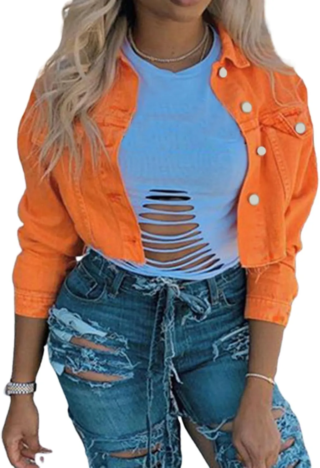 Women's Denim Short Long Sleeve Lapel Jacket Button Down Distressed Hem Crop Jeans Coat