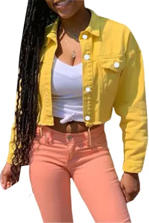 Women's Denim Short Long Sleeve Lapel Jacket Button Down Distressed Hem Crop Jeans Coat