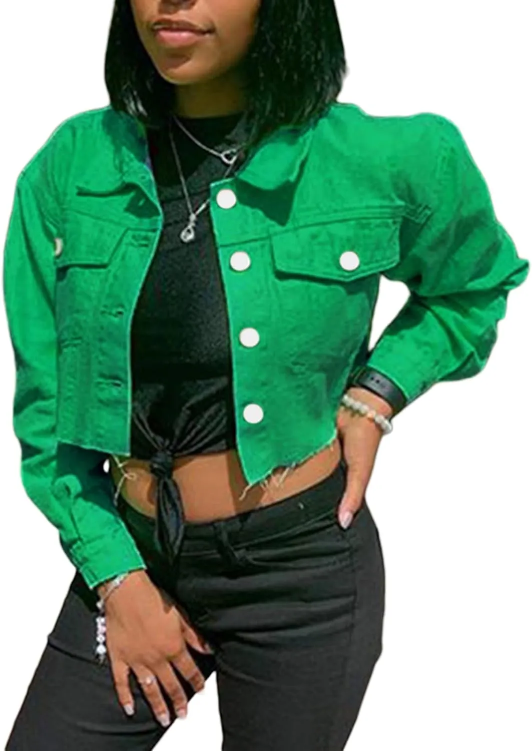 Women's Denim Short Long Sleeve Lapel Jacket Button Down Distressed Hem Crop Jeans Coat