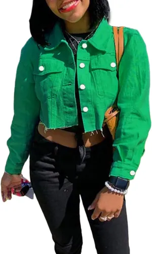 Women's Denim Short Long Sleeve Lapel Jacket Button Down Distressed Hem Crop Jeans Coat