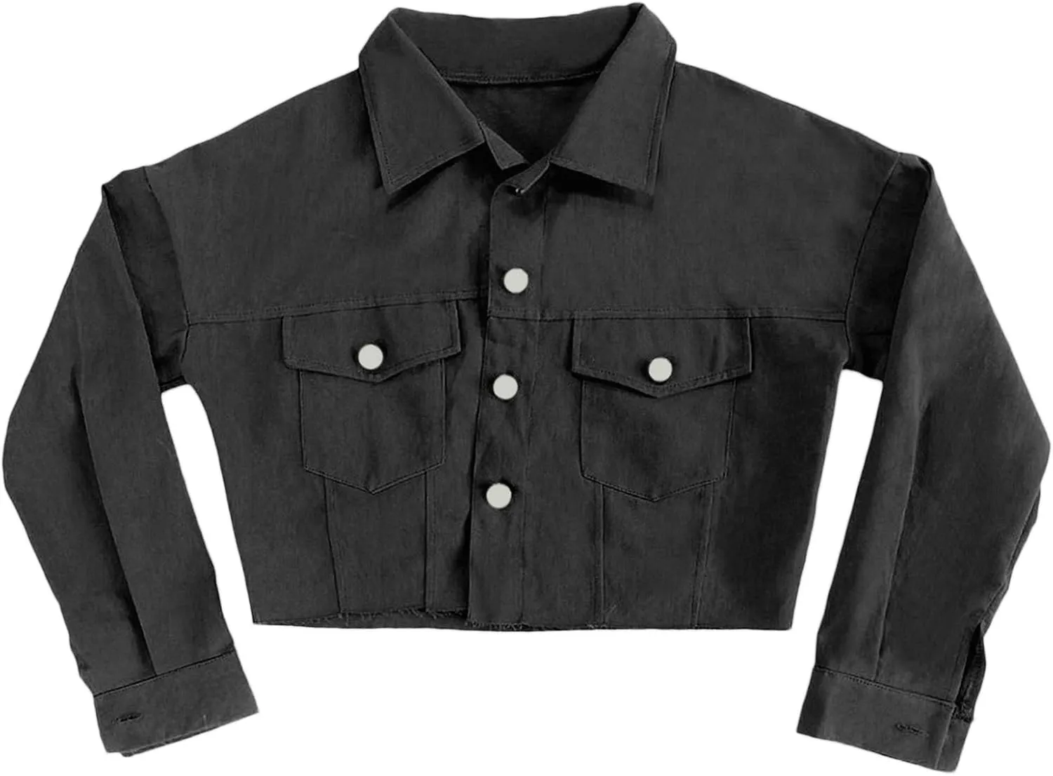 Women's Denim Short Long Sleeve Lapel Jacket Button Down Distressed Hem Crop Jeans Coat