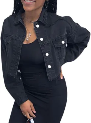 Women's Denim Short Long Sleeve Lapel Jacket Button Down Distressed Hem Crop Jeans Coat