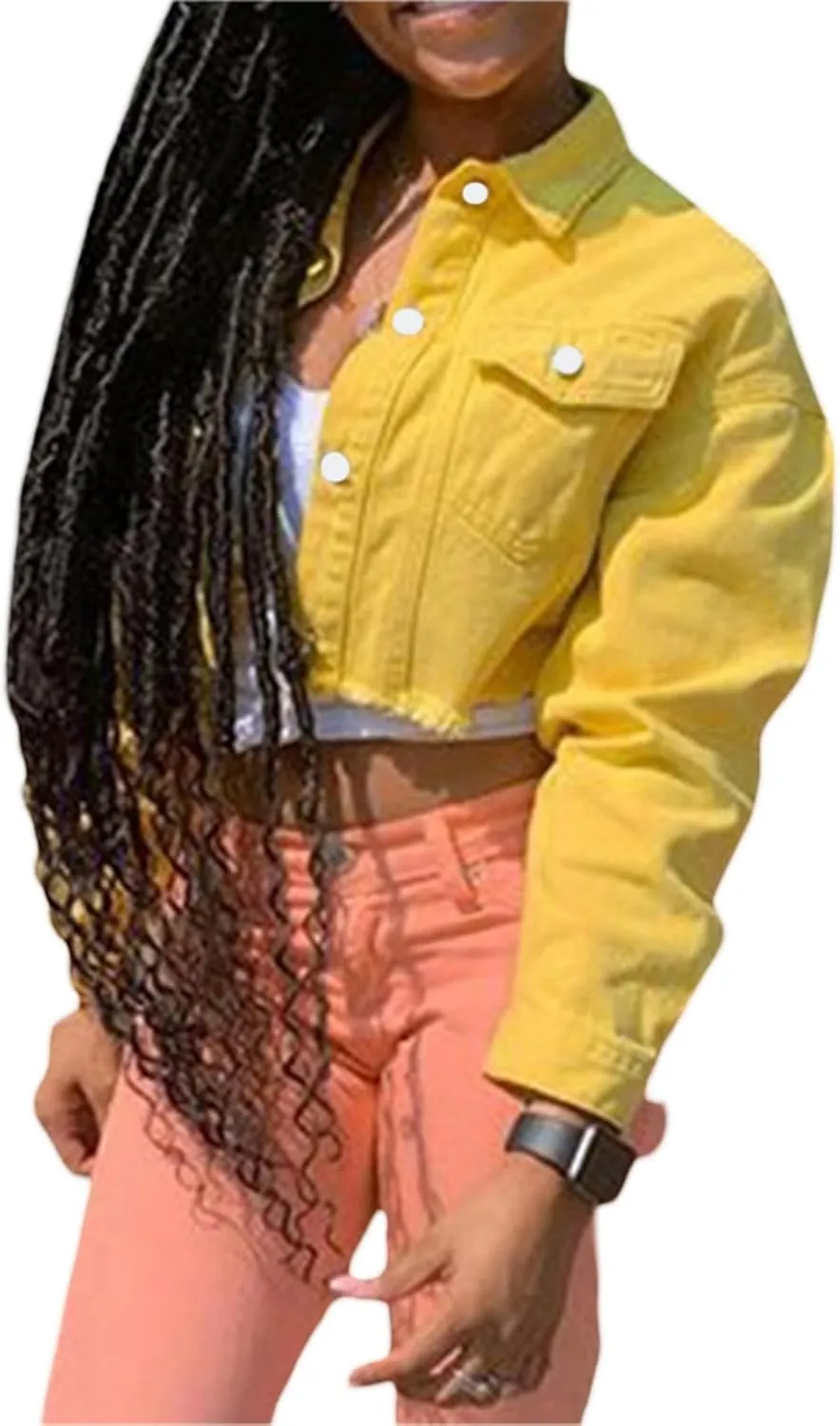 Women's Denim Short Long Sleeve Lapel Jacket Button Down Distressed Hem Crop Jeans Coat