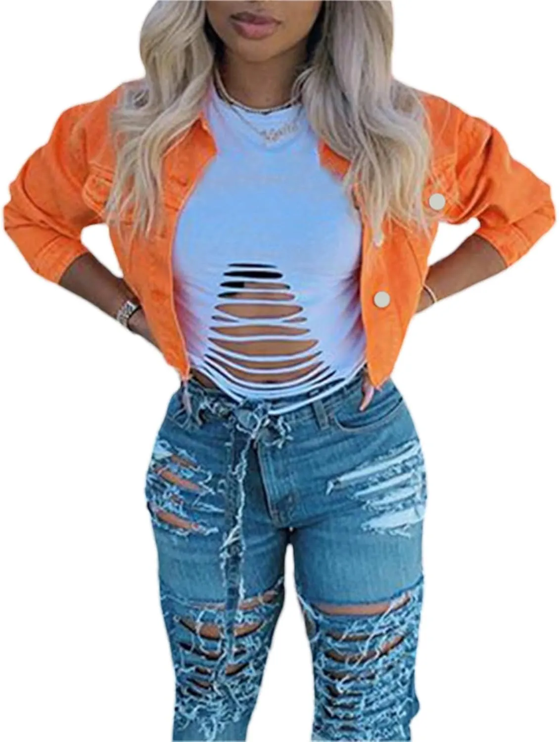 Women's Denim Short Long Sleeve Lapel Jacket Button Down Distressed Hem Crop Jeans Coat