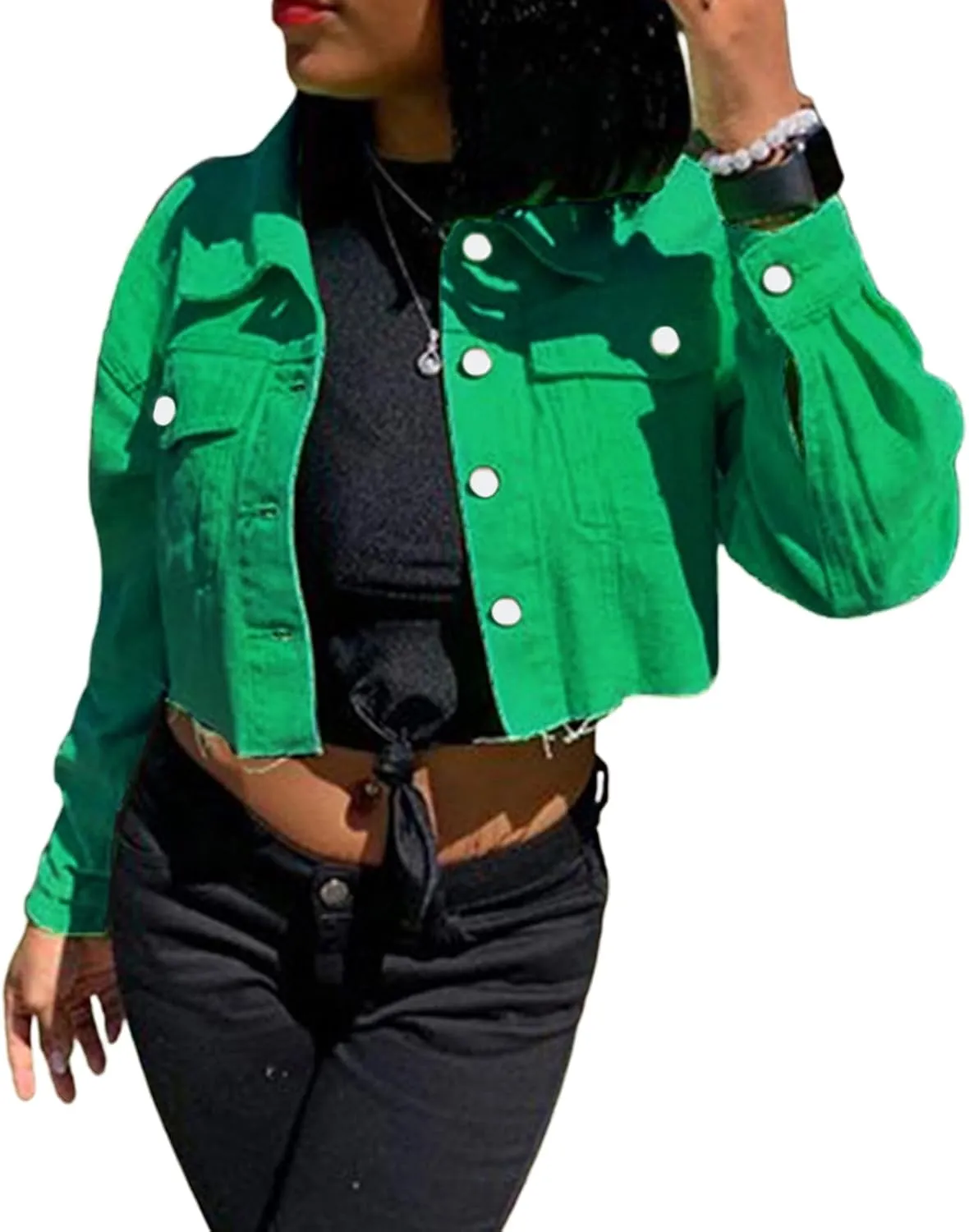 Women's Denim Short Long Sleeve Lapel Jacket Button Down Distressed Hem Crop Jeans Coat