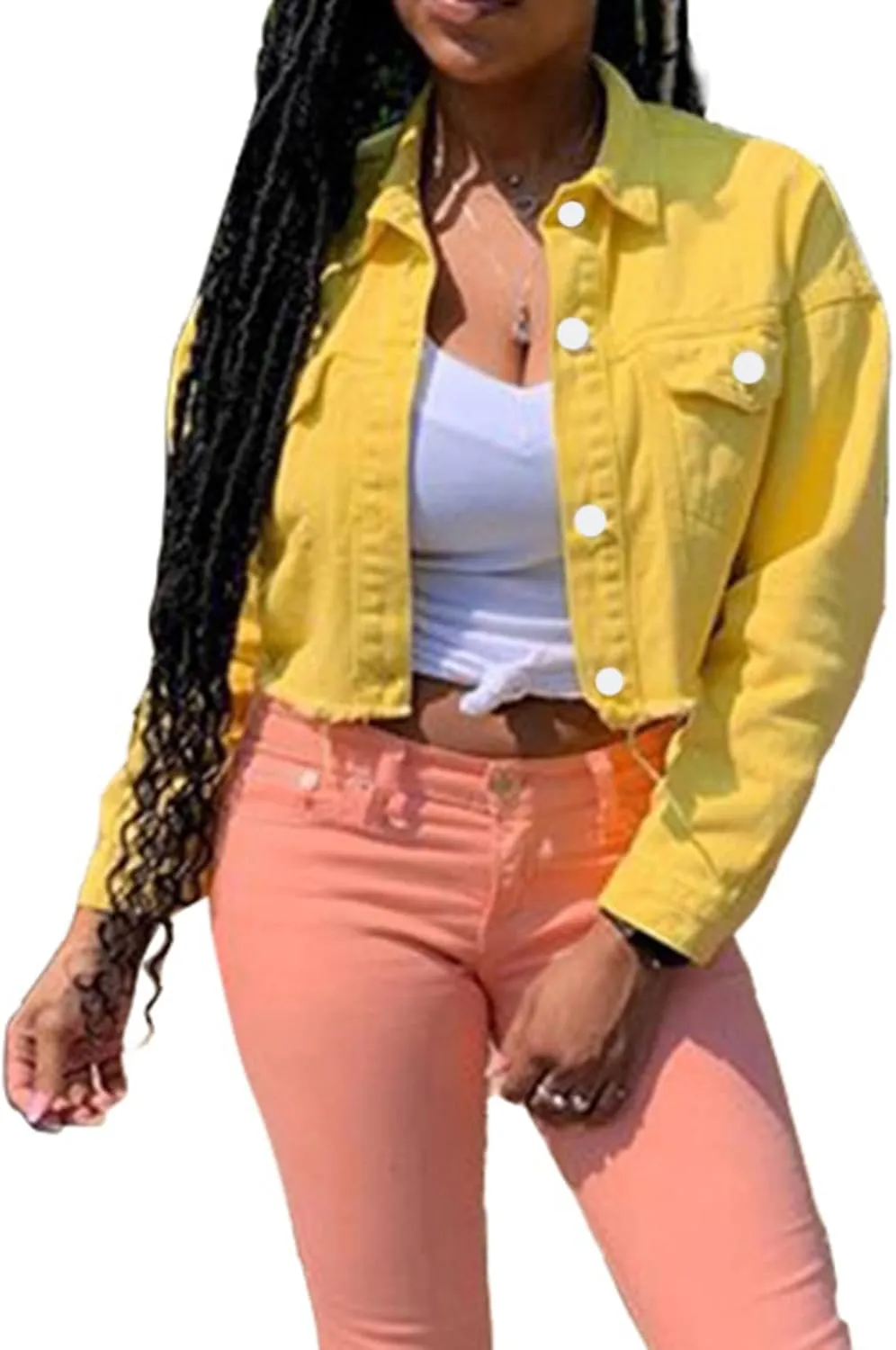 Women's Denim Short Long Sleeve Lapel Jacket Button Down Distressed Hem Crop Jeans Coat