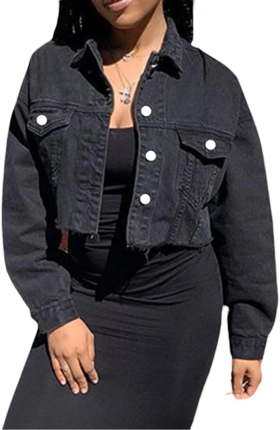 Women's Denim Short Long Sleeve Lapel Jacket Button Down Distressed Hem Crop Jeans Coat