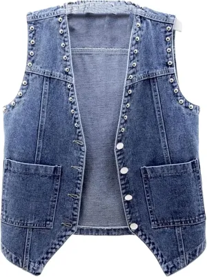 Women's Denim Vest Rivets Sleeveless Vest Women's Trucker Denim Coats Street Denim Jacket