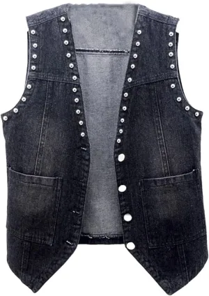 Women's Denim Vest Rivets Sleeveless Vest Women's Trucker Denim Coats Street Denim Jacket