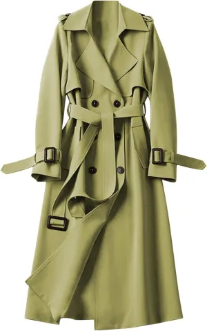 Women's Double Breasted Long Trench Coat Windproof Classic Lapel Slim Overcoat with Belt