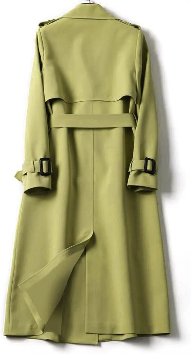 Women's Double Breasted Long Trench Coat Windproof Classic Lapel Slim Overcoat with Belt