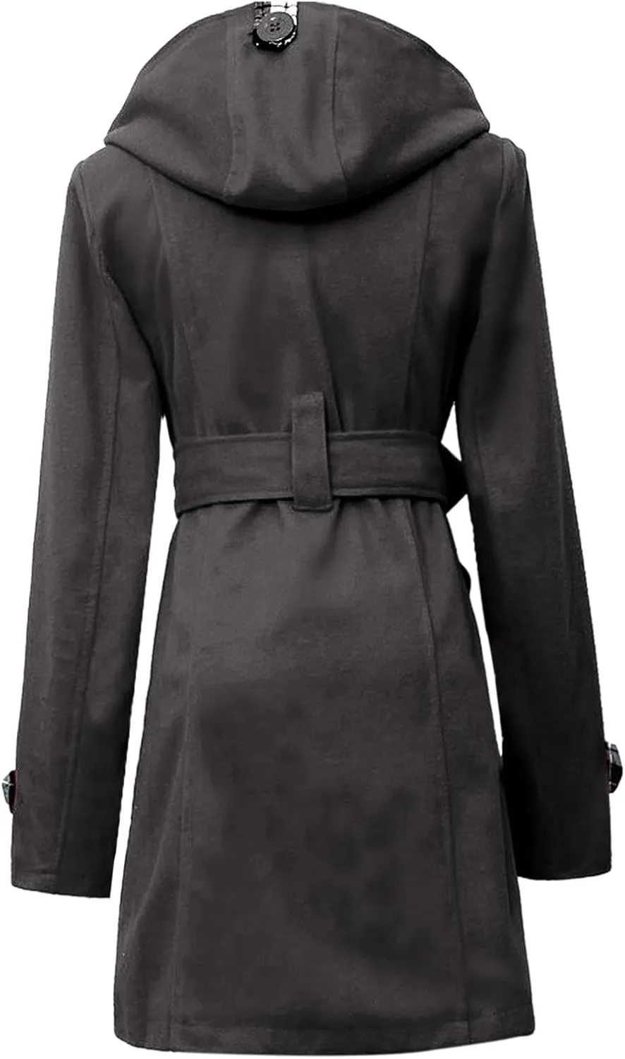 Womens Double Breasted Trench Coat Classic Lapel Belt Peacoat Fall Winter Warm Overcoat Outerwear with Hood