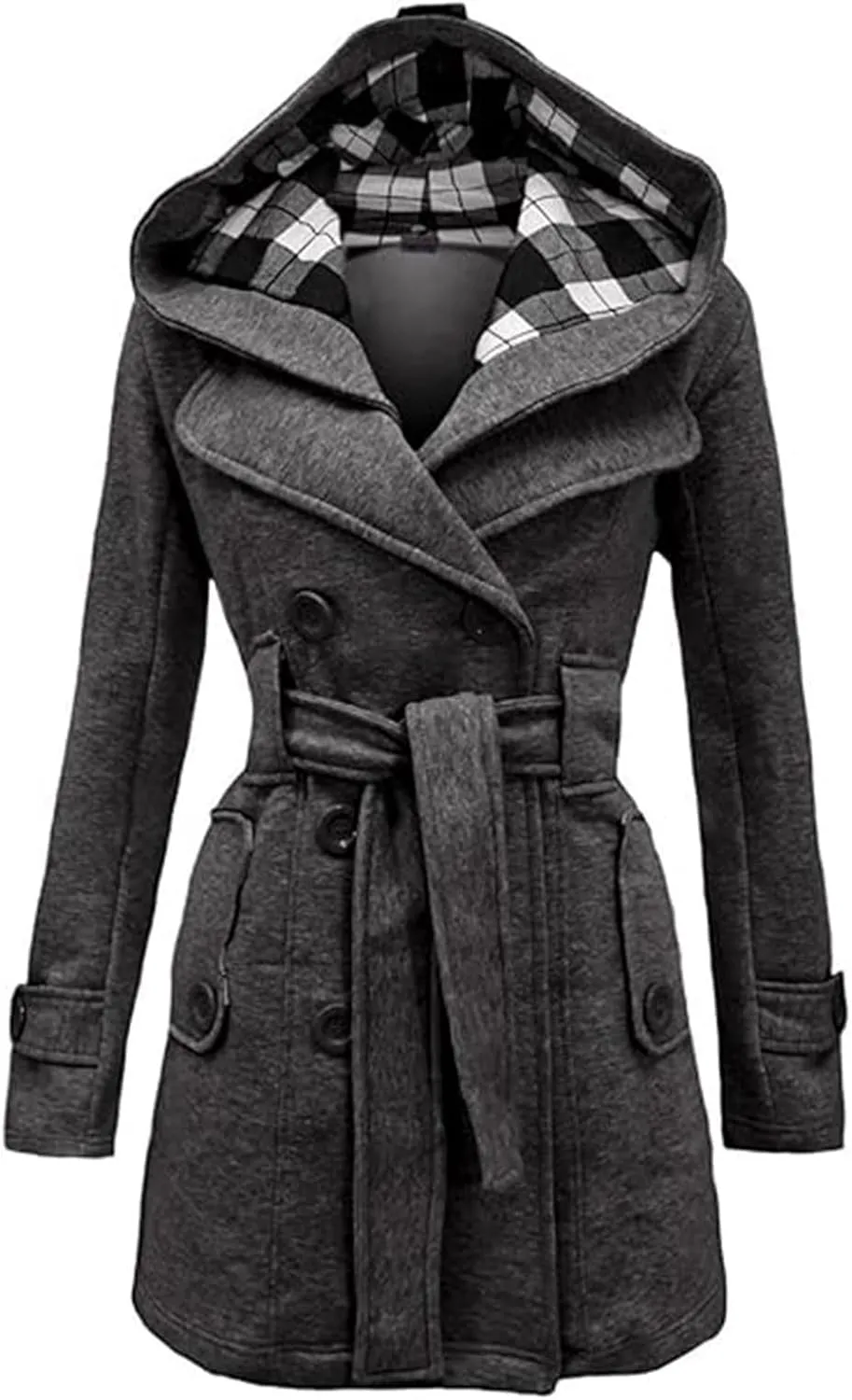 Womens Double Breasted Trench Coat Classic Lapel Belt Peacoat Fall Winter Warm Overcoat Outerwear with Hood