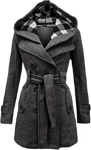 Womens Double Breasted Trench Coat Classic Lapel Belt Peacoat Fall Winter Warm Overcoat Outerwear with Hood