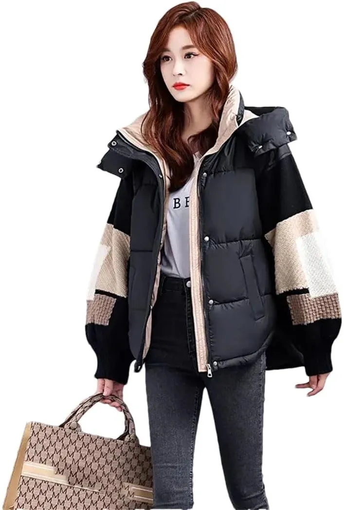 Womens Down Cotton Jacket Parkas Thciken Hooded Short Padded Coat Loose Korean Splice Outerwear Clothing