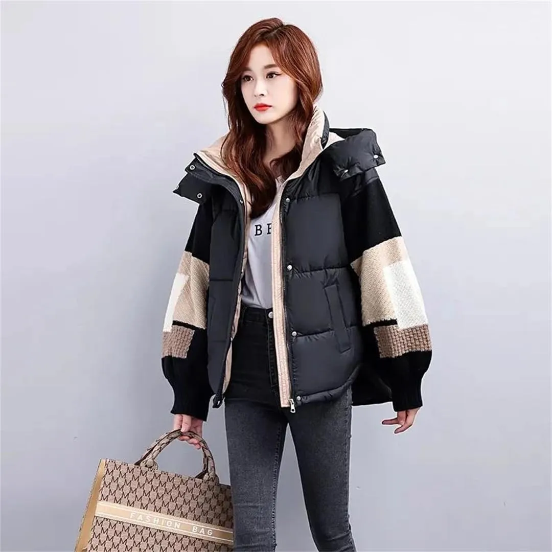 Womens Down Cotton Jacket Parkas Thciken Hooded Short Padded Coat Loose Korean Splice Outerwear Clothing