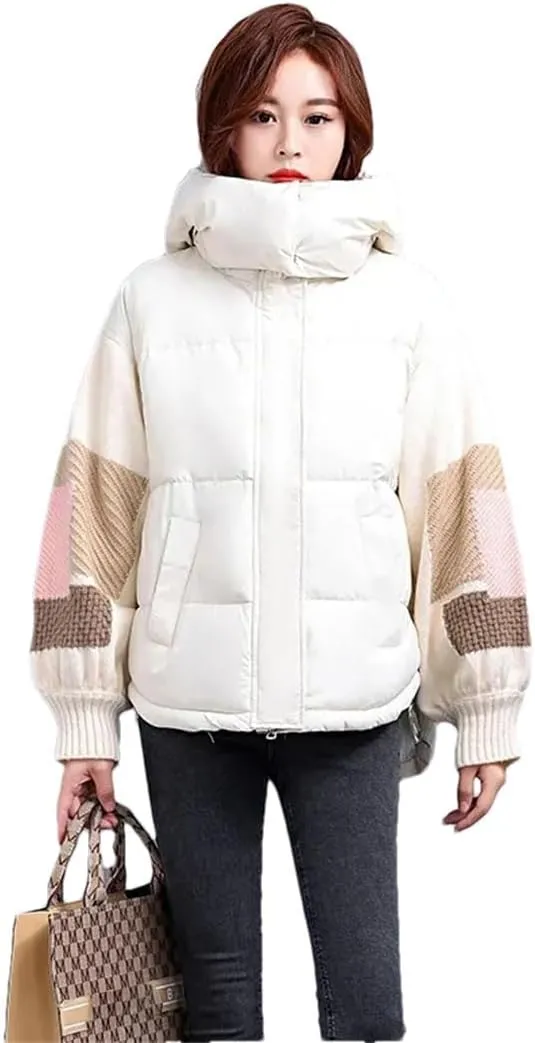 Womens Down Cotton Jacket Parkas Thciken Hooded Short Padded Coat Loose Korean Splice Outerwear Clothing