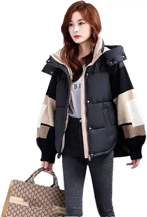 Womens Down Cotton Jacket Parkas Thciken Hooded Short Padded Coat Loose Korean Splice Outerwear Clothing