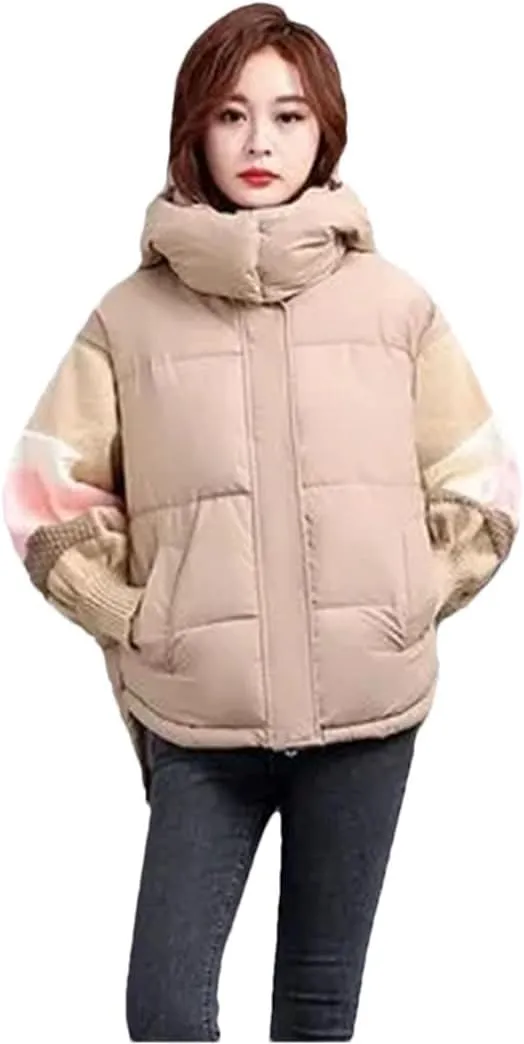 Womens Down Cotton Jacket Parkas Thciken Hooded Short Padded Coat Loose Korean Splice Outerwear Clothing