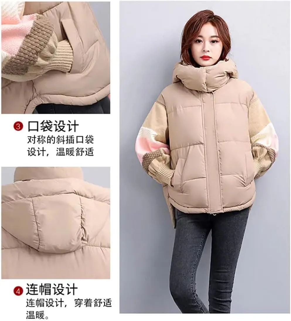 Womens Down Cotton Jacket Parkas Thciken Hooded Short Padded Coat Loose Korean Splice Outerwear Clothing
