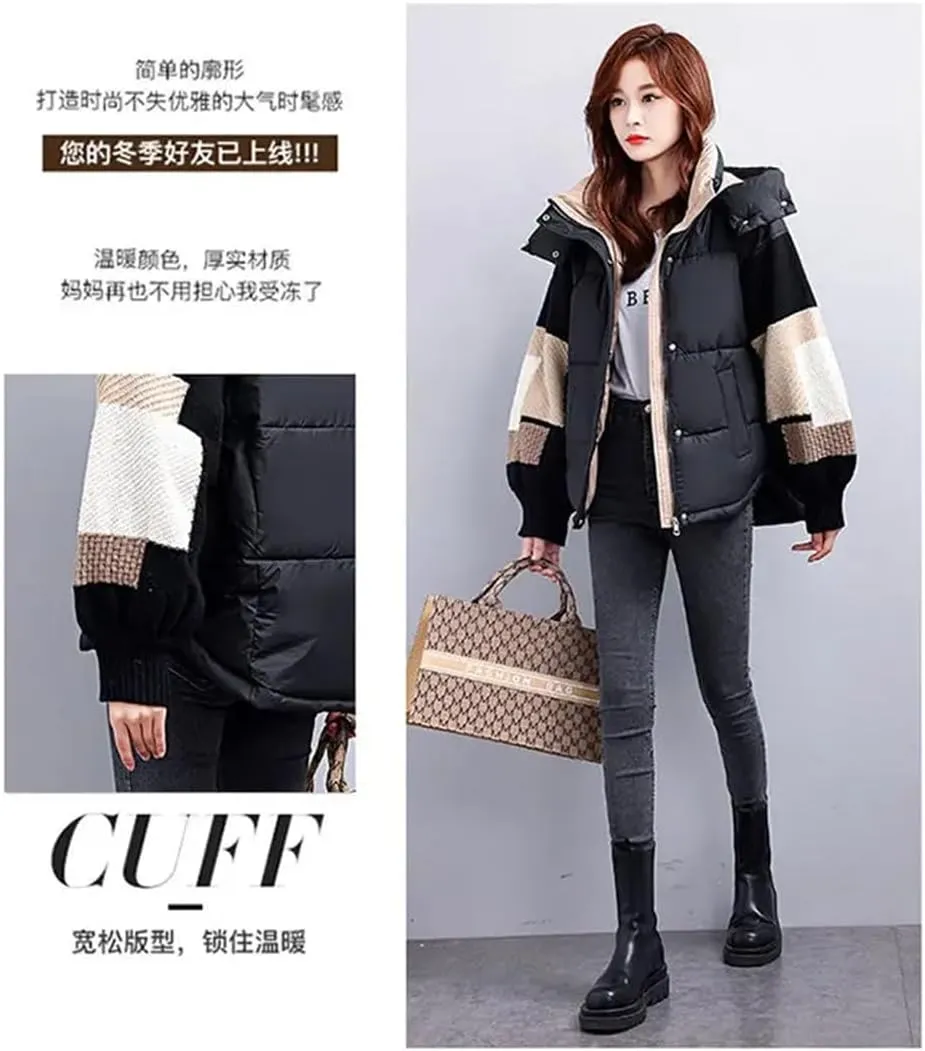 Womens Down Cotton Jacket Parkas Thciken Hooded Short Padded Coat Loose Korean Splice Outerwear Clothing