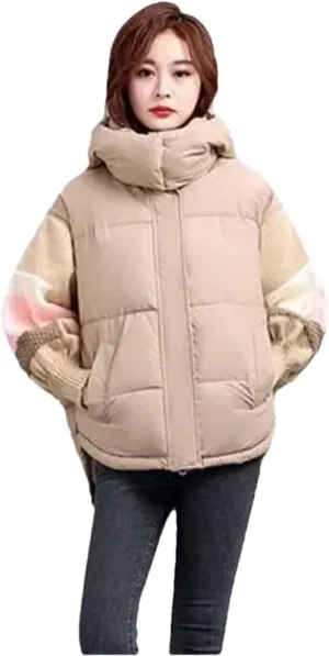 Womens Down Cotton Jacket Parkas Thciken Hooded Short Padded Coat Loose Korean Splice Outerwear Clothing