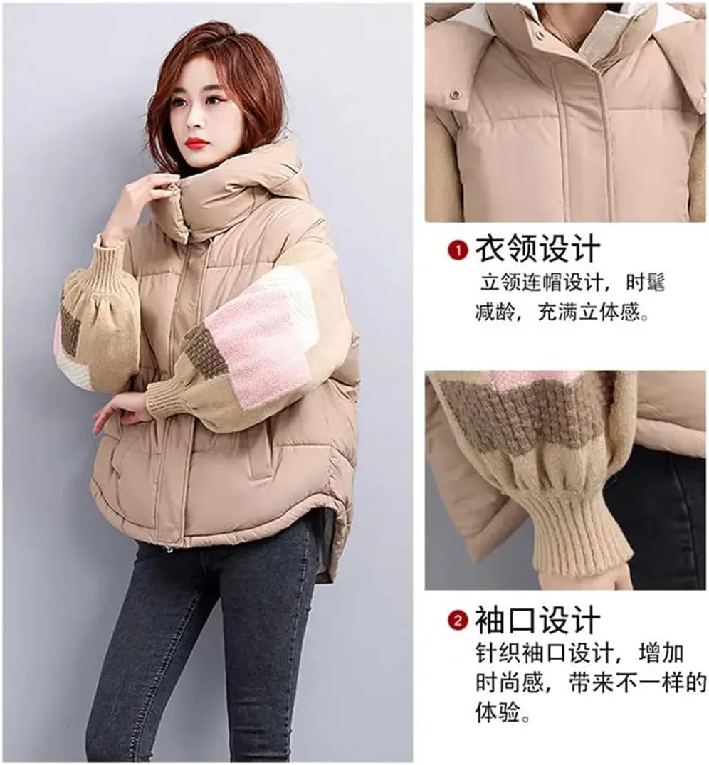 Womens Down Cotton Jacket Parkas Thciken Hooded Short Padded Coat Loose Korean Splice Outerwear Clothing