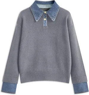 Womens Fall Oversized Long Sleeve Sweaters 2 in 1 Denim Panel Lapel Sweater V Neck Ribbed Pullover Tops