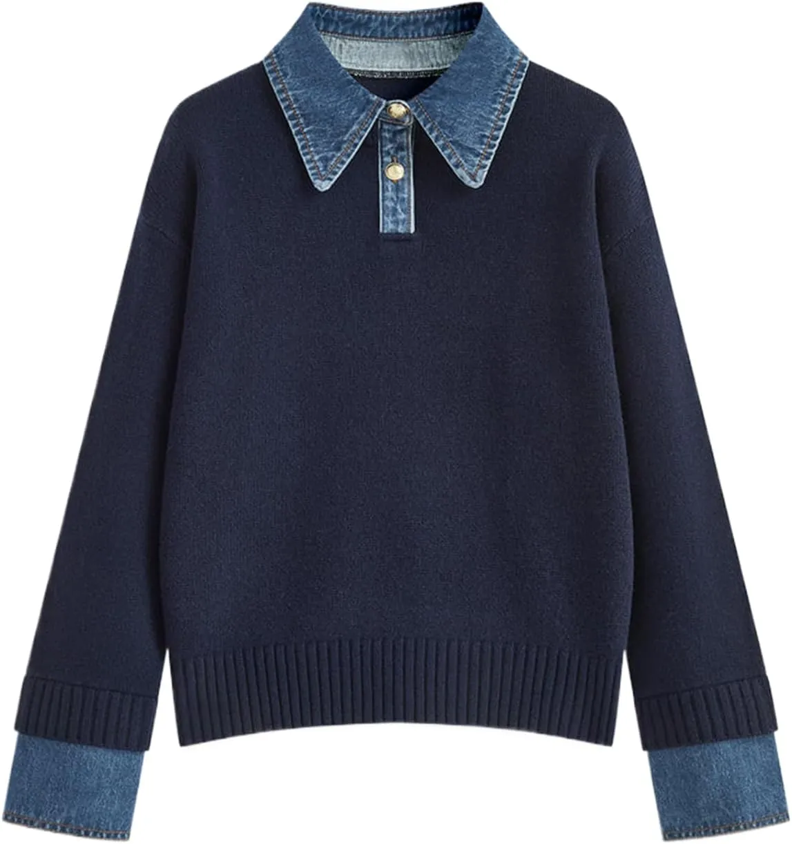 Womens Fall Oversized Long Sleeve Sweaters 2 in 1 Denim Panel Lapel Sweater V Neck Ribbed Pullover Tops