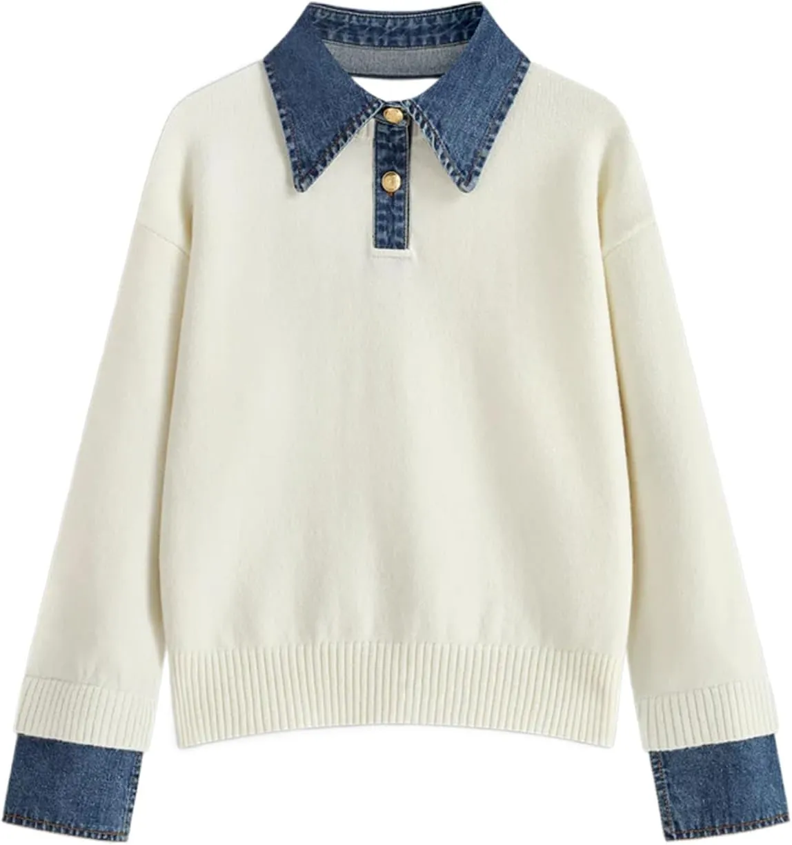 Womens Fall Oversized Long Sleeve Sweaters 2 in 1 Denim Panel Lapel Sweater V Neck Ribbed Pullover Tops