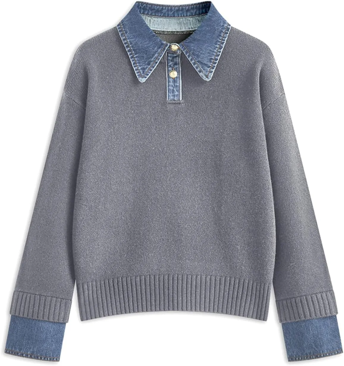 Womens Fall Oversized Long Sleeve Sweaters 2 in 1 Denim Panel Lapel Sweater V Neck Ribbed Pullover Tops