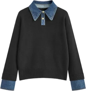 Womens Fall Oversized Long Sleeve Sweaters 2 in 1 Denim Panel Lapel Sweater V Neck Ribbed Pullover Tops