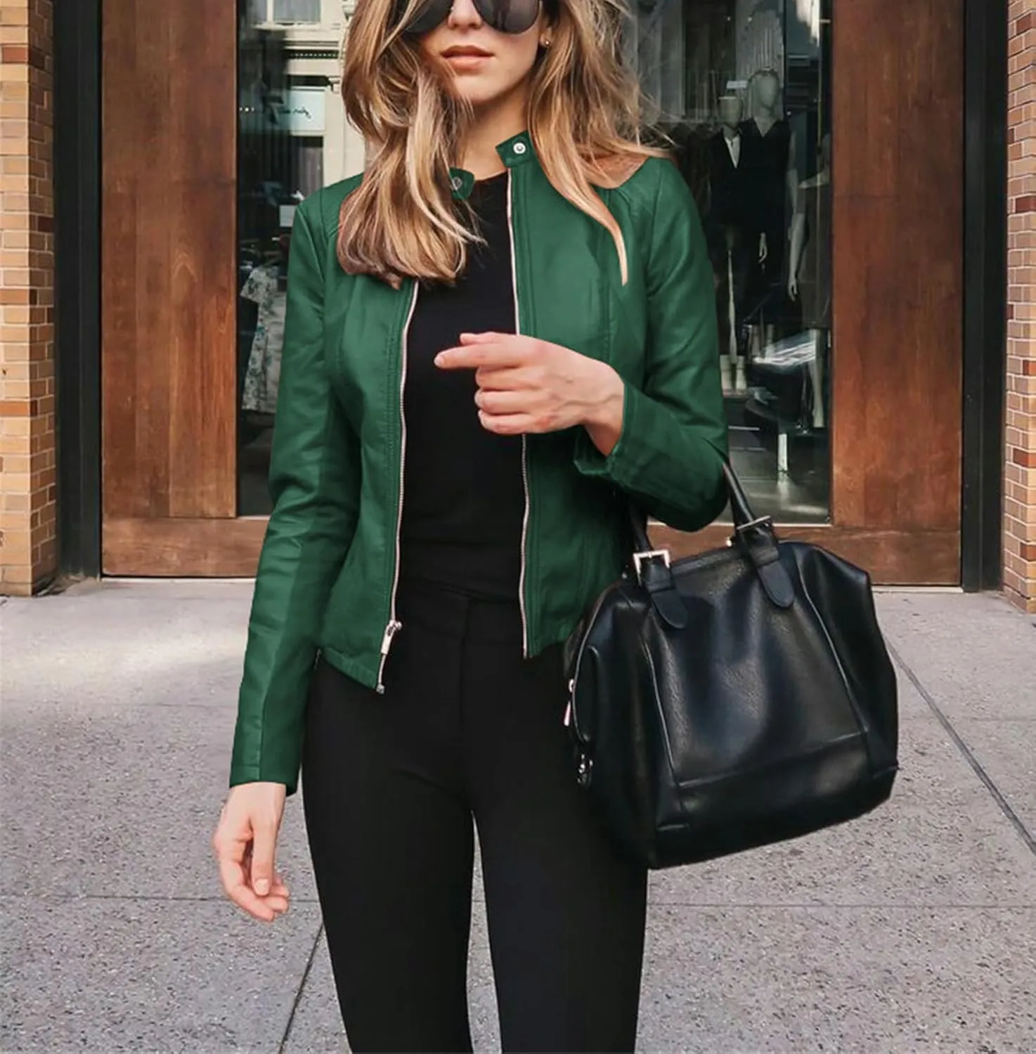 Womens Faux Leather Jacket Zip Up Moto Biker Short Coat Jacket Long Sleeve Motorcycle Bomber Coat Tops Suit Outwear