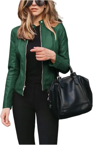 Womens Faux Leather Jacket Zip Up Moto Biker Short Coat Jacket Long Sleeve Motorcycle Bomber Coat Tops Suit Outwear