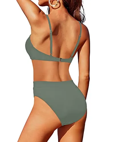Women's High Waisted 2 Piece Bikini Swimsuit High Cut Bottom Bathing Suits Set-Army Green