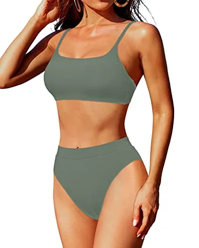 Women's High Waisted 2 Piece Bikini Swimsuit High Cut Bottom Bathing Suits Set-Army Green