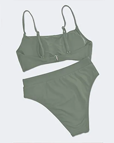 Women's High Waisted 2 Piece Bikini Swimsuit High Cut Bottom Bathing Suits Set-Army Green