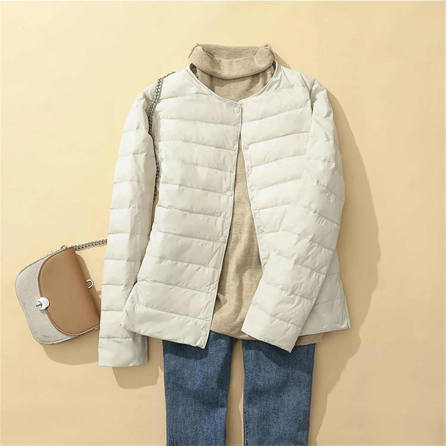 Women's Lightweight Down Jacket Portable Water-Resistant Puffer Jacket Fall Coat with Stand Collar for Travel