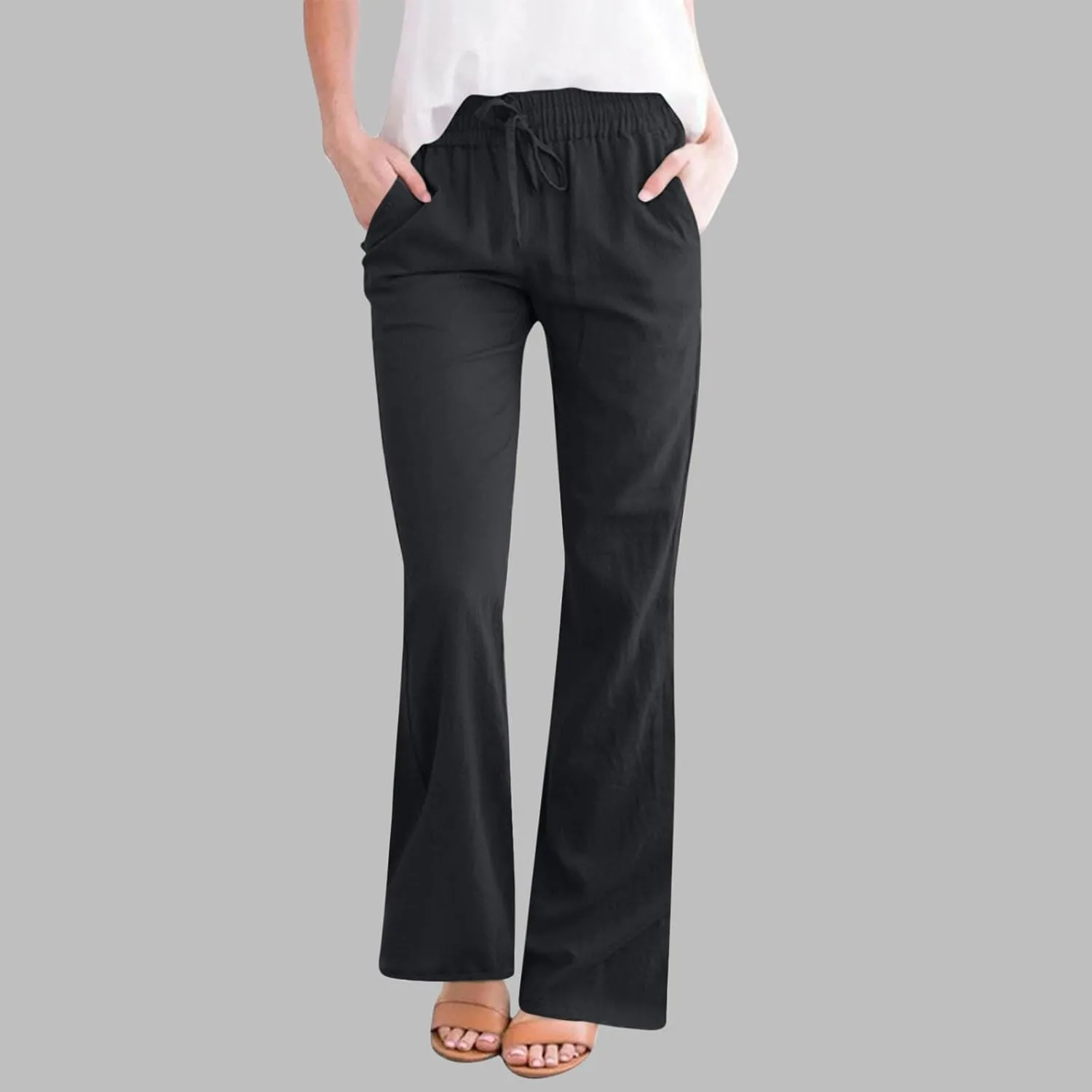 Womens Linen Pants Business Casual High Waist Drawstring Wide Leg Palazzo Pants Beach Vacation Trousers with Pockets