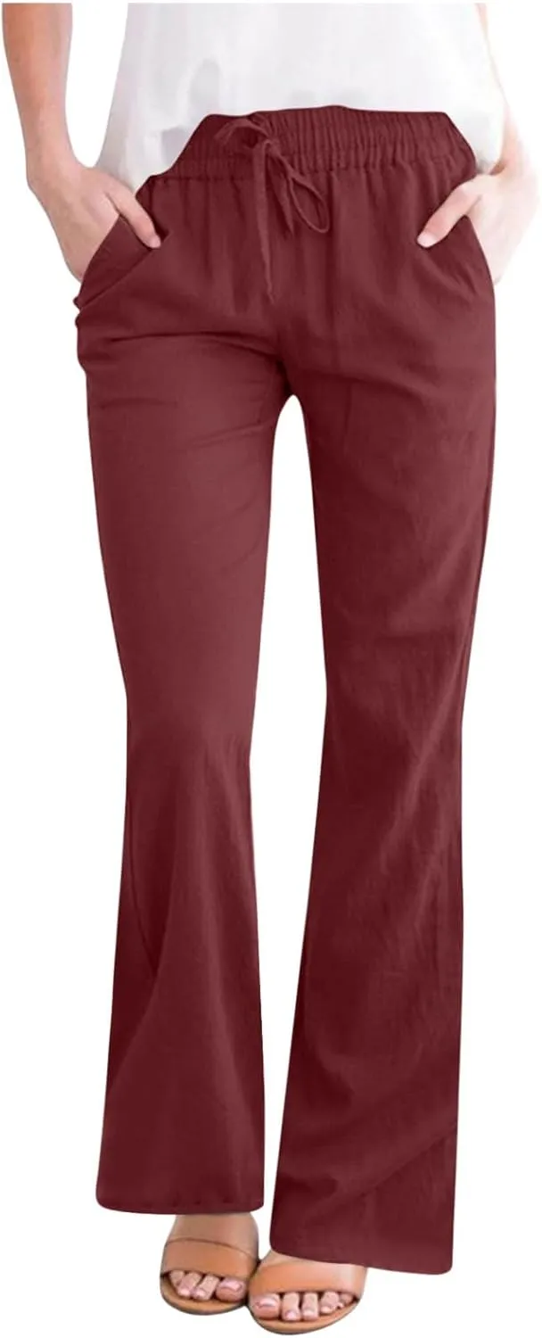 Womens Linen Pants Business Casual High Waist Drawstring Wide Leg Palazzo Pants Beach Vacation Trousers with Pockets
