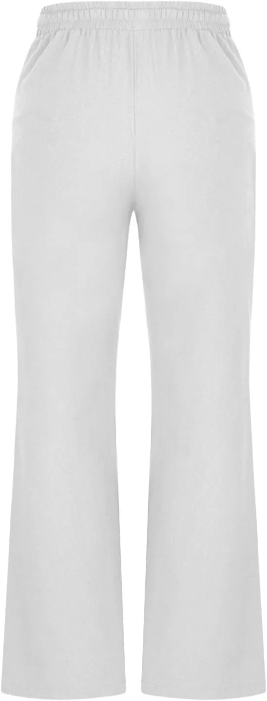 Womens Linen Pants Business Casual High Waist Drawstring Wide Leg Palazzo Pants Beach Vacation Trousers with Pockets