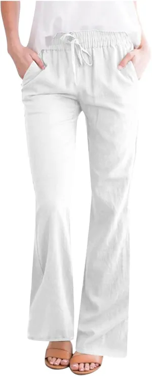 Womens Linen Pants Business Casual High Waist Drawstring Wide Leg Palazzo Pants Beach Vacation Trousers with Pockets