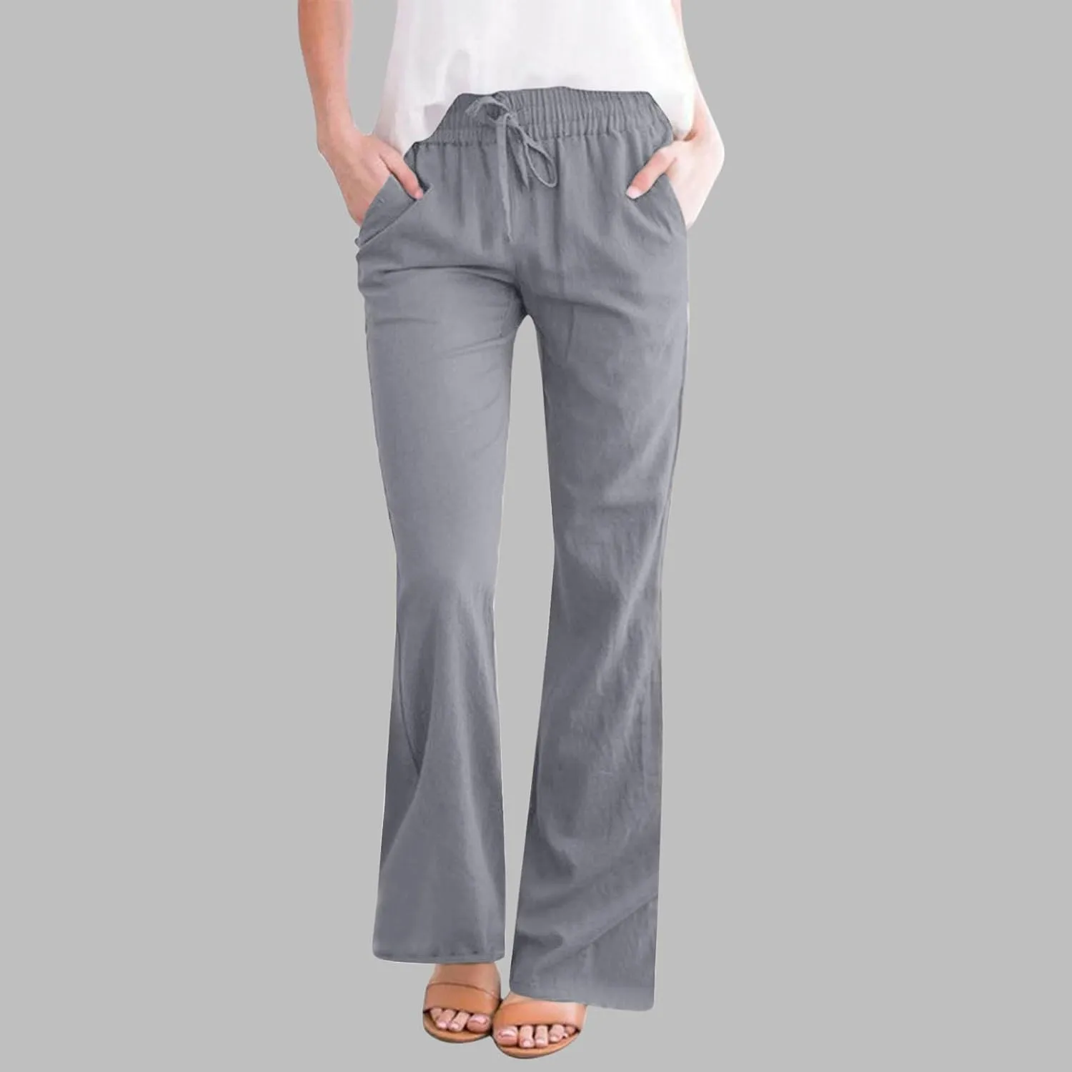 Womens Linen Pants Business Casual High Waist Drawstring Wide Leg Palazzo Pants Beach Vacation Trousers with Pockets