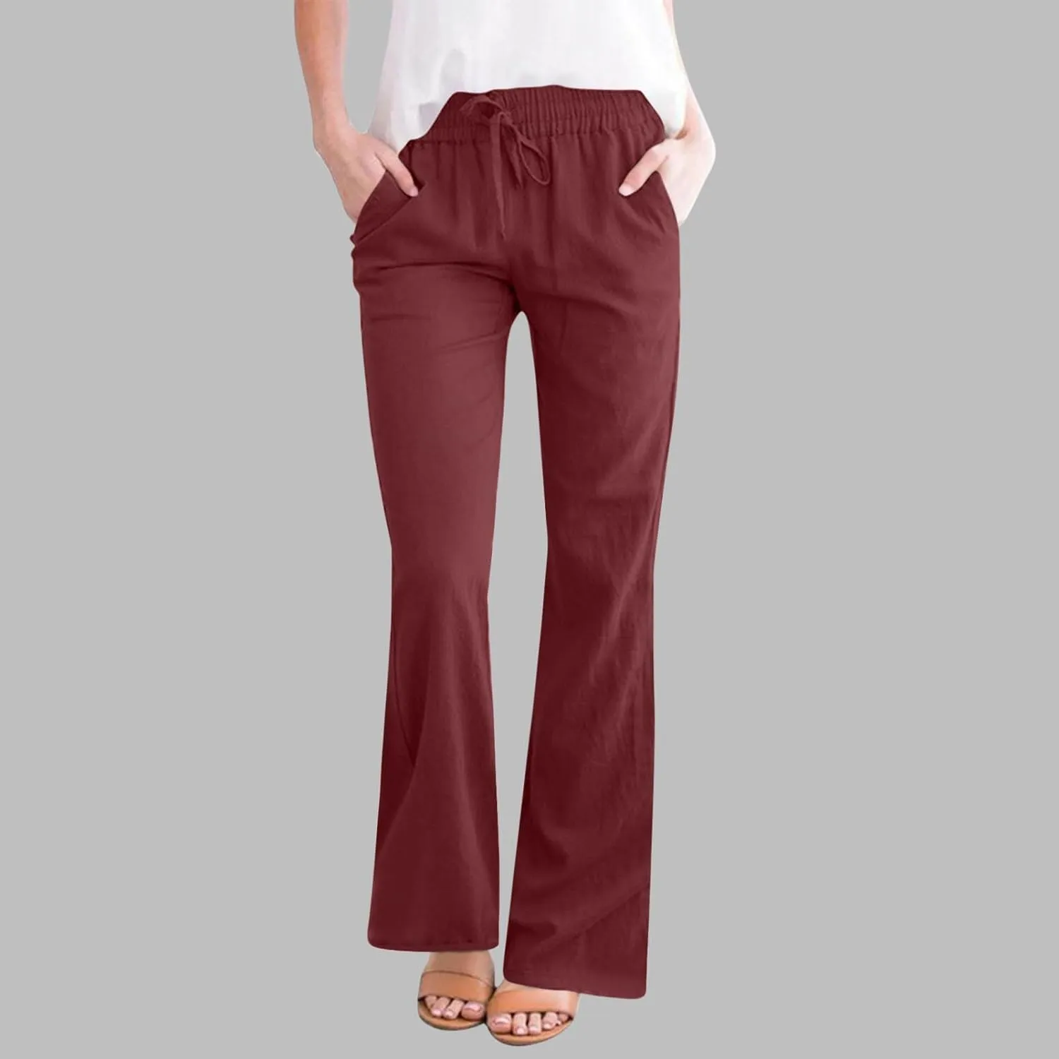 Womens Linen Pants Business Casual High Waist Drawstring Wide Leg Palazzo Pants Beach Vacation Trousers with Pockets