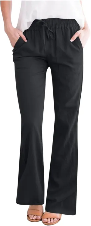 Womens Linen Pants Business Casual High Waist Drawstring Wide Leg Palazzo Pants Beach Vacation Trousers with Pockets