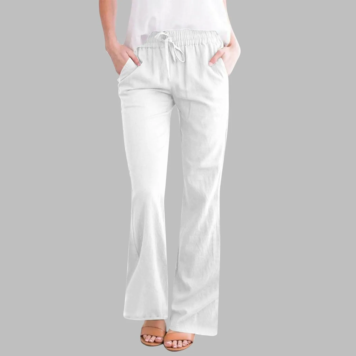 Womens Linen Pants Business Casual High Waist Drawstring Wide Leg Palazzo Pants Beach Vacation Trousers with Pockets