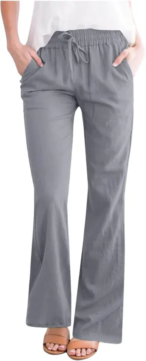 Womens Linen Pants Business Casual High Waist Drawstring Wide Leg Palazzo Pants Beach Vacation Trousers with Pockets