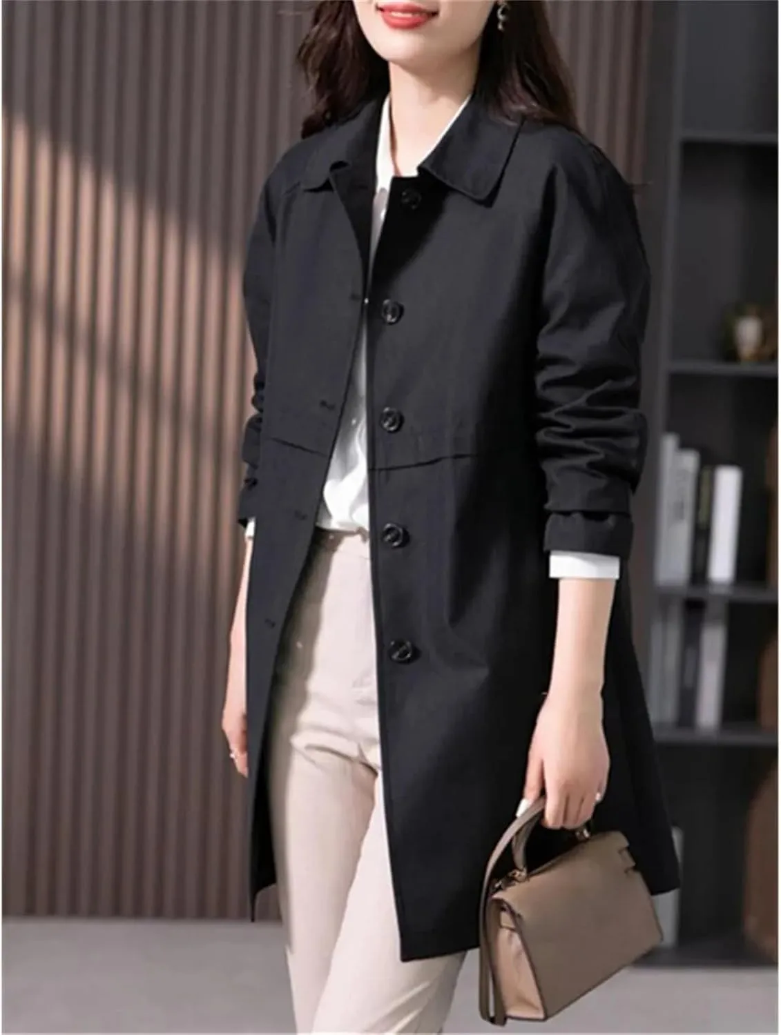 Women's Mid-Length Single-Breasted Trench Coat  Spring Jacket Casual Outerwear Work Office Coat With Lining