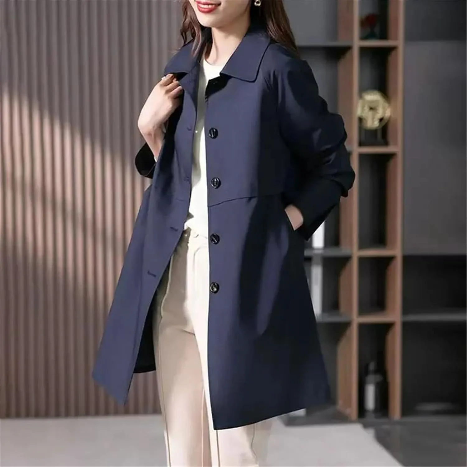 Women's Mid-Length Single-Breasted Trench Coat  Spring Jacket Casual Outerwear Work Office Coat With Lining